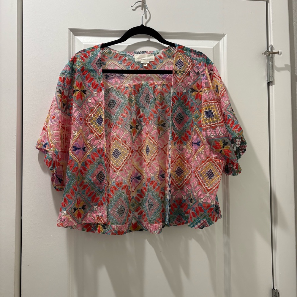 Anthropologie Pink Multi Printed Open-Front Tunic